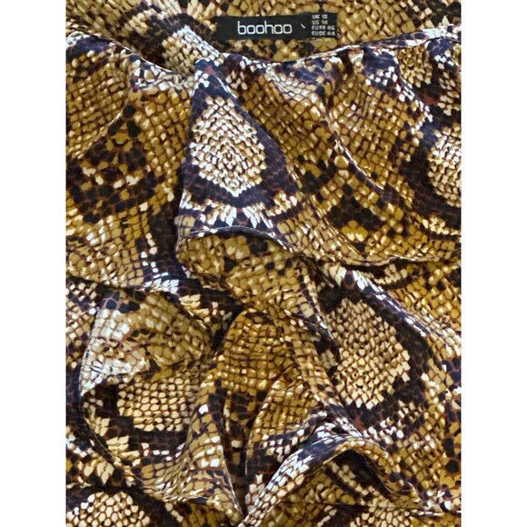 Boohoo Snakeskin Print Ruffle Mini Dress Long Sleeve Bold Party Fashion Look - Picture 12 of 15